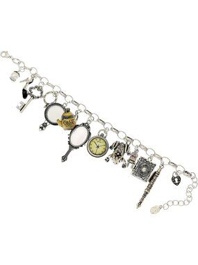 Women's Silver Cuff Mirror Clock Heart Teapot Wonderland Style Bangle  Bracelet